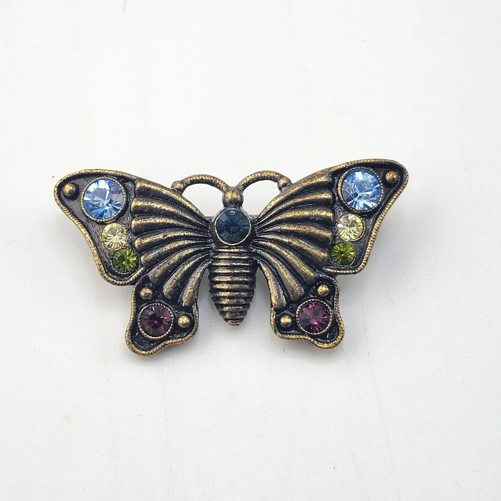 1928 Butterfly Brooch Pin with Rhinestones‎ Bronze Tone Colorful Accent Jewelry